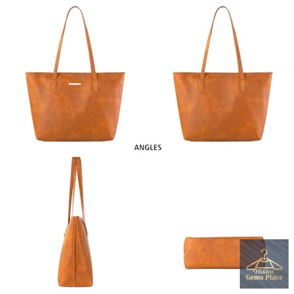 Large PU Leather Tote Bag with Zipper Pouch for Work and Travel
